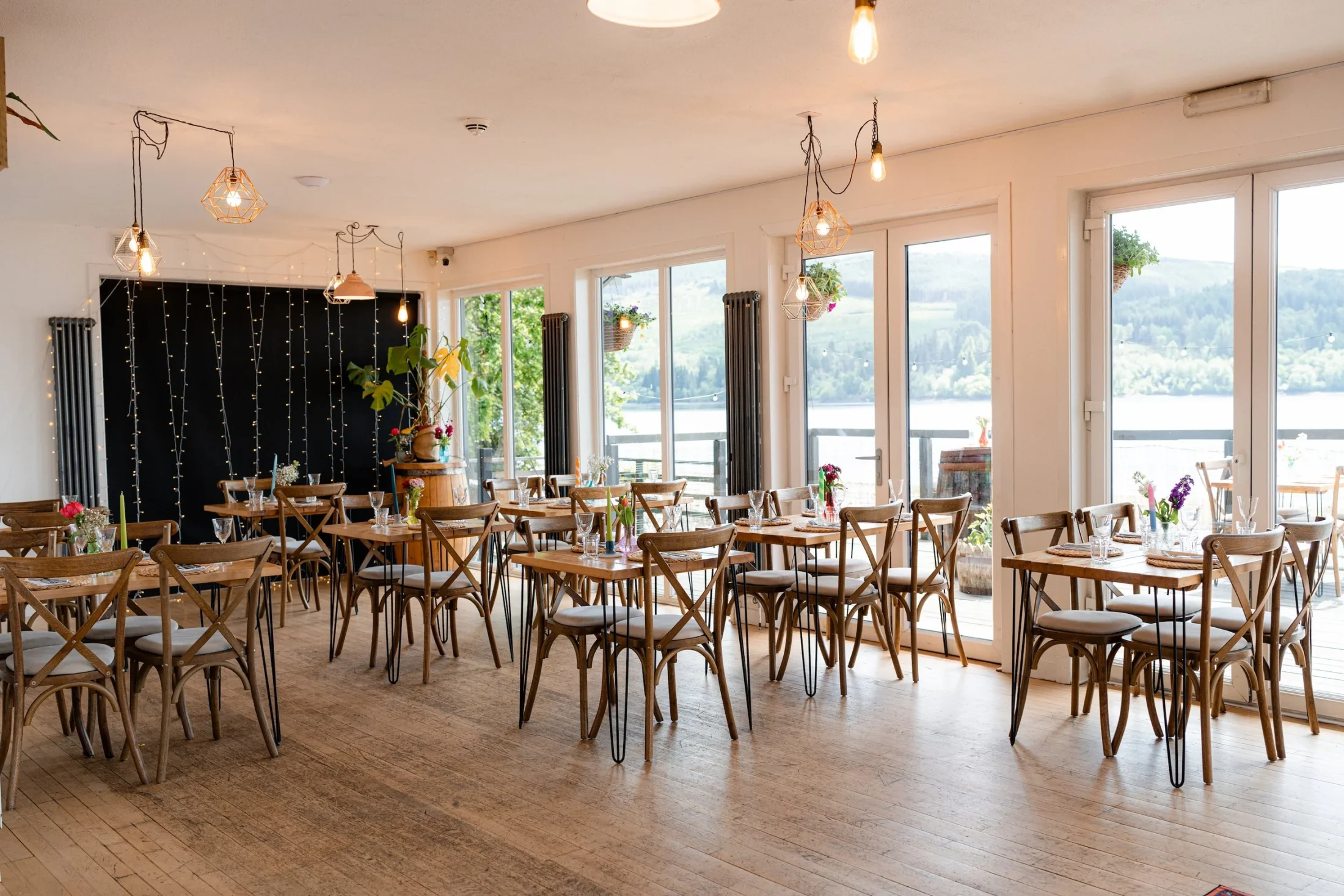 Restaurant tables overlooking Loch Venachar
